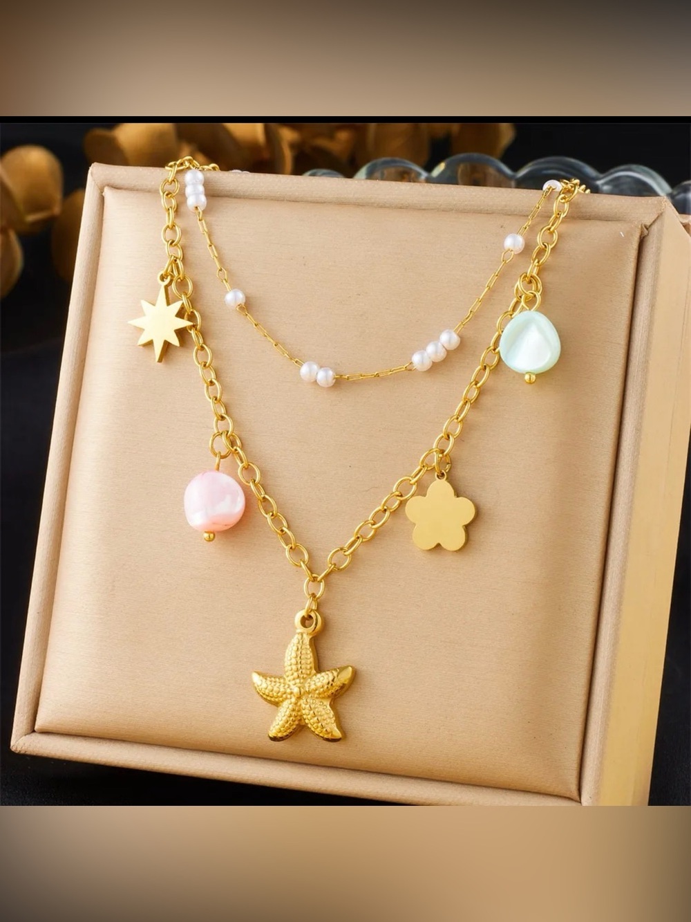 Gold Layered Starfish & Charm Necklace with Pink and Mint Accents
